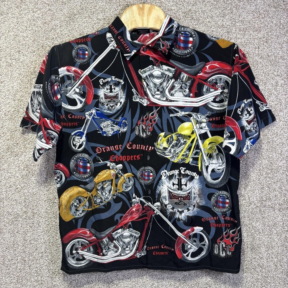 Vintage Orange County Choppers Shirt Mens XL Black Motorcycle Graphic Button Up